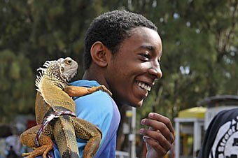 Junger Mann mit Leguan  